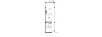 A floor plan of a small apartment with a living room, sleeping area, and bathroom.
