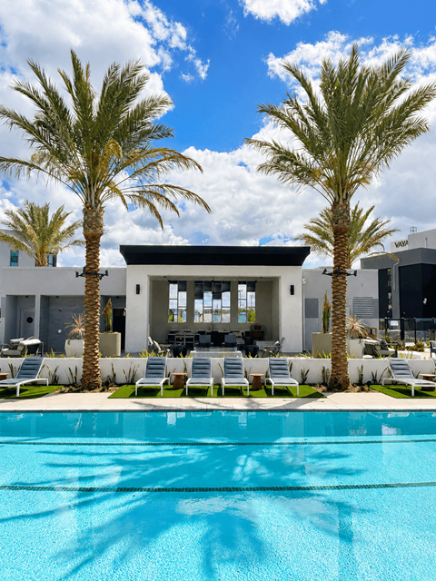 A pool surrounded by palm trees and lounge chairs.