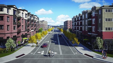 A street view of a residential area with cars and pedestrians.