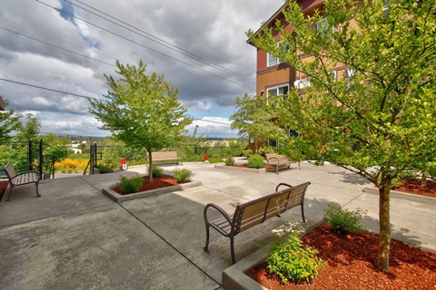 Courtyard showing beautiful landscaping at Springwater Crossing apartments in Gresham, Oregon 97030