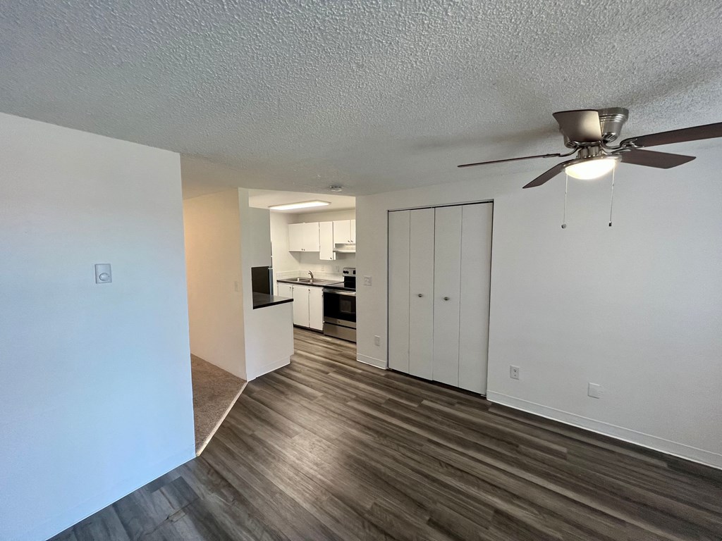 an open living room and kitchen with a ceiling fan