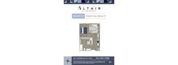 A flyer for Altair at the Heights in Arlington, showing a floor plan of a studio apartment.
