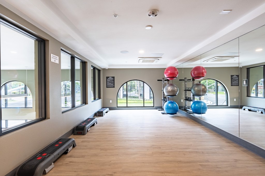 A gym with a row of treadmills and exercise balls.