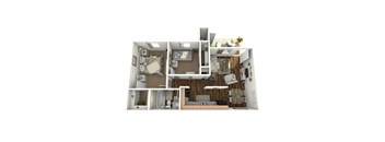 A 3D rendered image of a house layout.