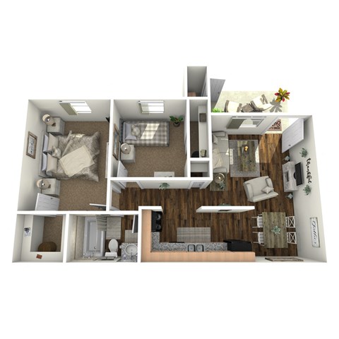 A 3D rendered image of a house layout.