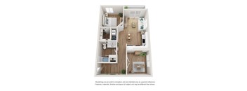 A floor plan of a small apartment with a kitchen, living room, and bathroom.
