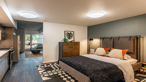 Akoya Apartments in Portland, Oregon Bedroom with overhead lighting and