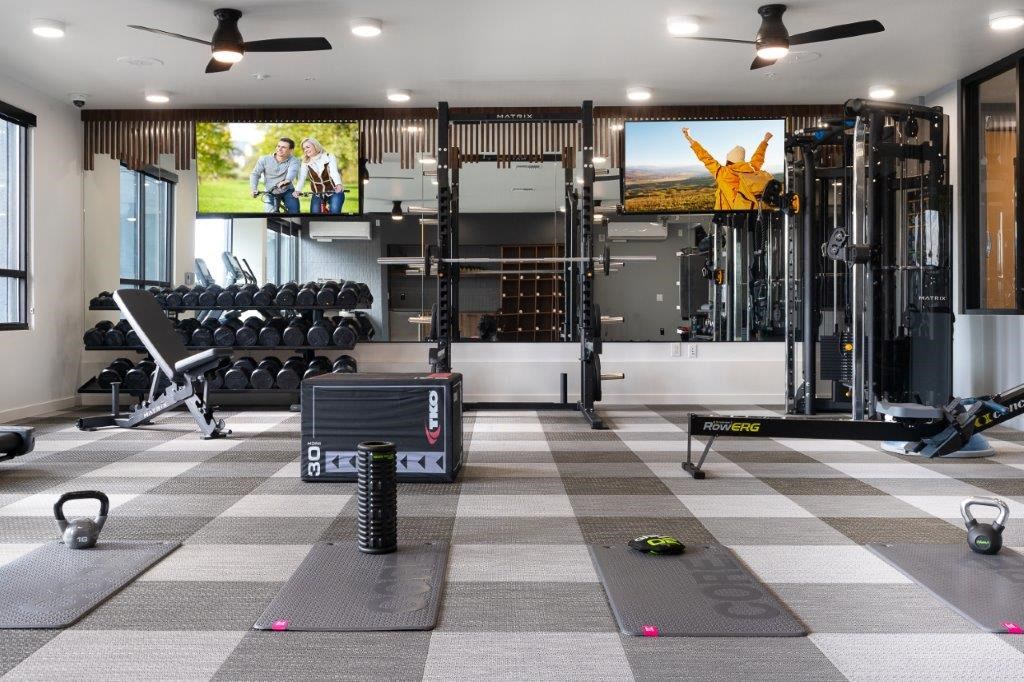 a gym with weights and cardio equipment and a tv on the wall