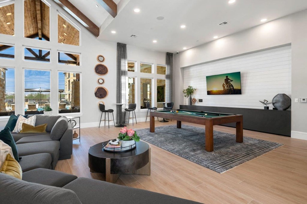 Alexan Gruene Crossing Apartments in New Braunfels, Texas Clubhouse Lounge with Pool Table