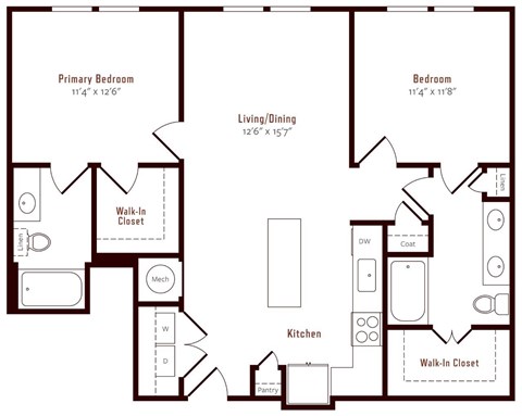 A floor plan of a home with a primary bedroom, a bedroom, a living/dining area, a kitchen, and two walk-in closets.