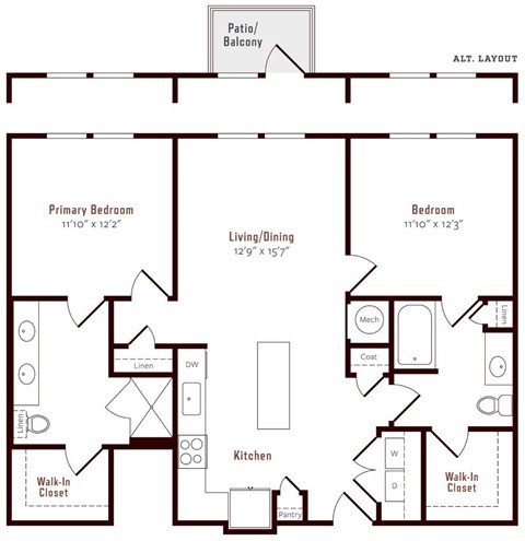 A floor plan of a home with a living room, two bedrooms, a kitchen, and a walk-in closet.