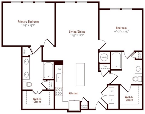 A floor plan of a home with a primary bedroom, living/dining area, kitchen, pantry, and two bathrooms.
