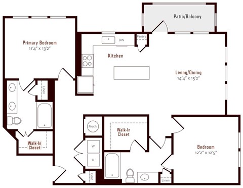 A floor plan of a home with a primary bedroom, a walk-in closet, a kitchen, a living/dining area, and a bedroom.