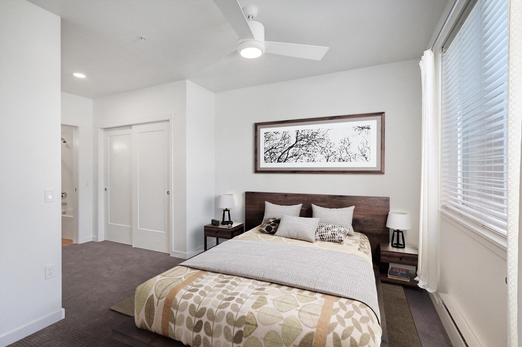 Alexan Gateway Apartments bedroom with ceiling fan