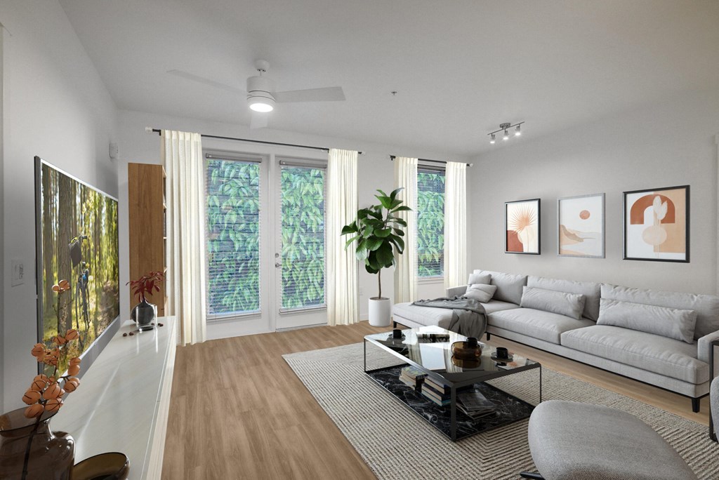 Alexan Gateway Apartments Living Room with Floor to Ceiling Windows