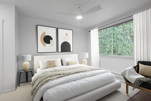 Alexan Gateway Apartments bedroom with large bed and two nightstands