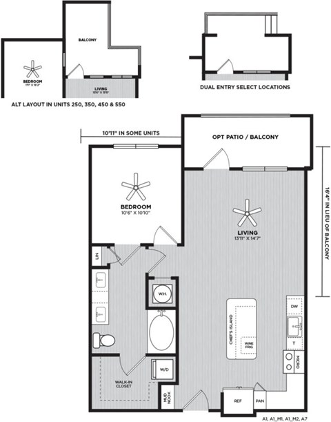 A floor plan of a house with a balcony, bedroom, living room, and optional patio.