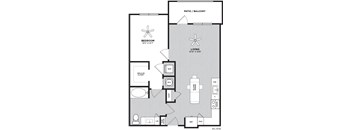 A floor plan of a home with a bedroom, living room, and bathroom.