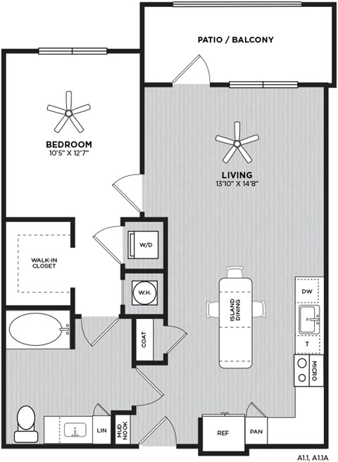 A floor plan of a home with a bedroom, living room, and bathroom.