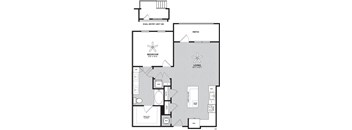 A floor plan of a house with a bedroom, living room, and patio.
