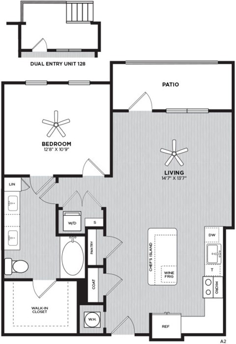 A floor plan of a house with a bedroom, living room, and patio.