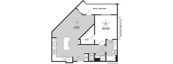 A floor plan of a house with a living room, bedroom, and bathroom.