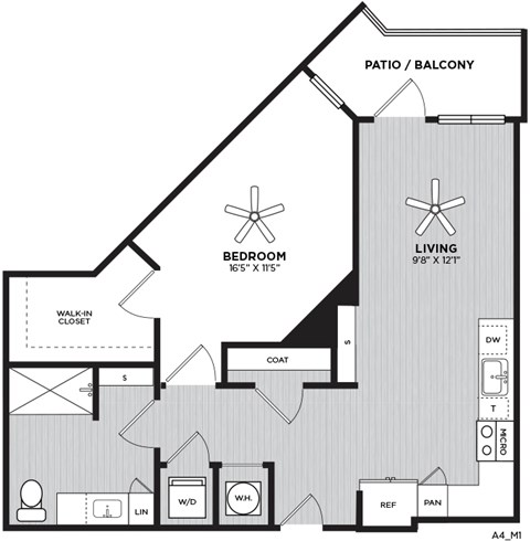 A floor plan of a home with a living room, bedroom, and bathroom.