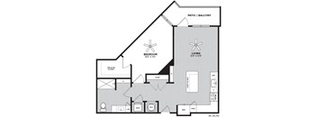 A black and white drawing of a house layout with a living room, bedroom, and bathroom.