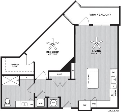A black and white drawing of a house layout with a living room, bedroom, and bathroom.