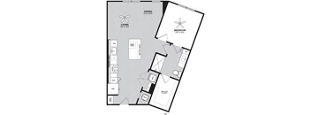 A floor plan of a house with a living room, dining room, bedroom, and kitchen.