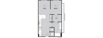 A floor plan of a Studio with a living room, Bedroom area, and bathroom.