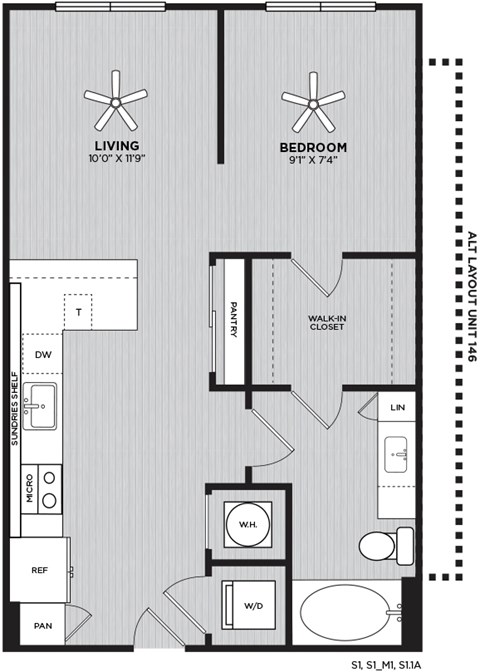A floor plan of a Studio with a living room, Bedroom area, and bathroom.