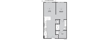 A floor plan of a small apartment with a living room, bedroom, and a walk-in closet.