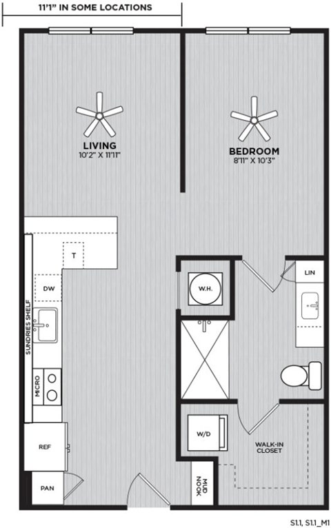 A floor plan of a small apartment with a living room, bedroom, and a walk-in closet.