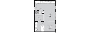 A floor plan of a living space with a bedroom, walk-in closet, and bathroom.