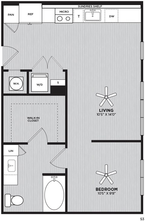 A floor plan of a living space with a bedroom, walk-in closet, and bathroom.