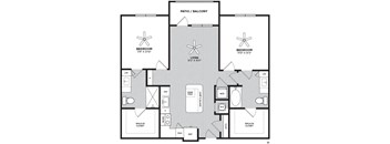 A black and white image of a floor plan for an apartment home with 2 bedrooms, 2 bathrooms, living room, kitchen, and patio/balcony