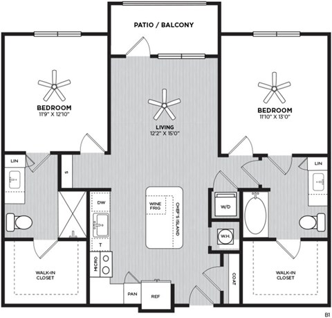 A black and white image of a floor plan for an apartment home with 2 bedrooms, 2 bathrooms, living room, kitchen, and patio/balcony