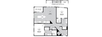 A black and white image of a floor plan for an apartment home with 2 bedrooms, 2 bathrooms, living room, kitchen, and patio/balcony