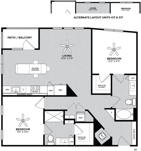 A black and white image of a floor plan for an apartment home with 2 bedrooms, 2 bathrooms, living room, kitchen, and patio/balcony