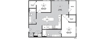 A floor plan of a home with two bedrooms, a living room, a patio, and an island with a sink.