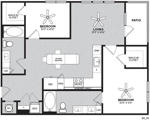 A floor plan of a home with two bedrooms, a living room, a patio, and an island with a sink.