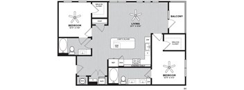 A black and white image of a floor plan for an apartment home with 2 bedrooms, 2 bathrooms, living room, kitchen, and balcony
