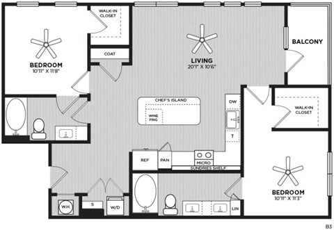 A black and white image of a floor plan for an apartment home with 2 bedrooms, 2 bathrooms, living room, kitchen, and balcony