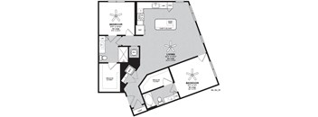 A black and white image of a floor plan for an apartment home with 2 bedrooms, 2 bathrooms, living room, and kitchen
