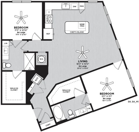 A black and white image of a floor plan for an apartment home with 2 bedrooms, 2 bathrooms, living room, and kitchen