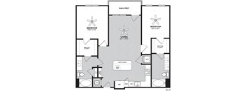 A floor plan of a home with two bedrooms, a living room, a chef's island, and a walk-in closet.