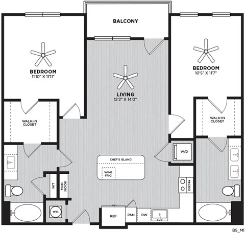 A floor plan of a home with two bedrooms, a living room, a chef's island, and a walk-in closet.
