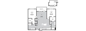 A black and white image of a floor plan for a home with a living area, two bedrooms, a balcony, and a chef's island.