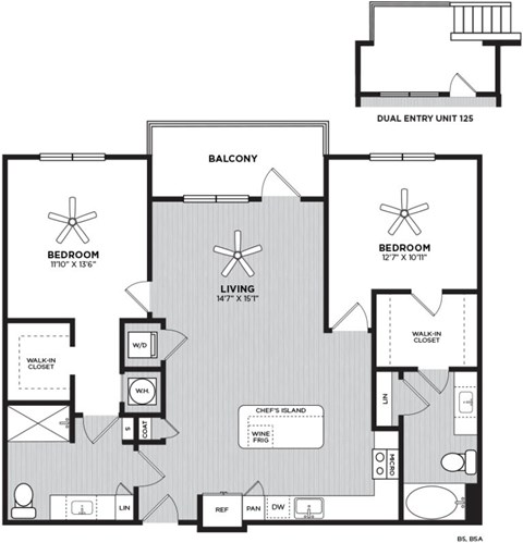 A black and white image of a floor plan for a home with a living area, two bedrooms, a balcony, and a chef's island.